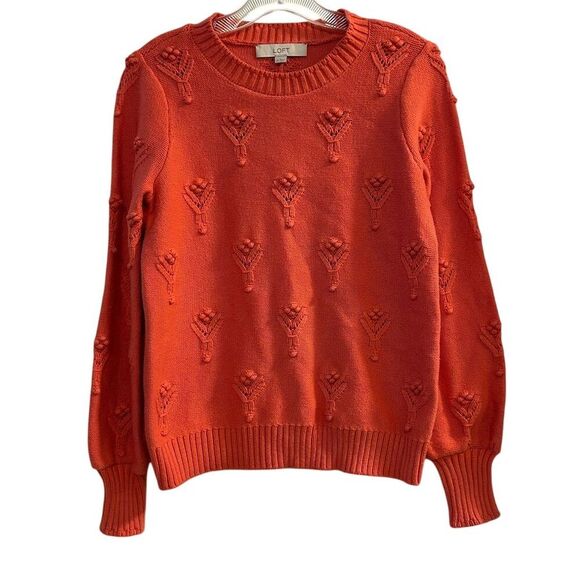 LOFT Women's Tangerine Pink Bobble Pointelle Sweater Size M Long Sleeve Pullover - Picture 1 of 10